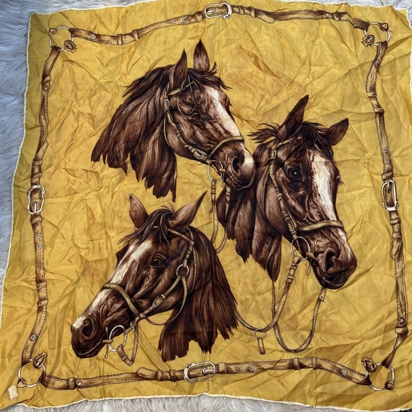 The Unbranded Brand Accessories - Vintage Equestrian Scarf Satin Twill Hand Painted Japan Horses Bits Bridles Belt